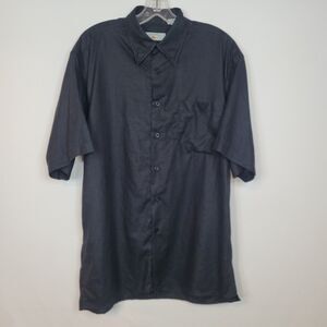 100% Linen Black Shirt Mens M Button Up Short Sleeve Hidden Button Down Collar